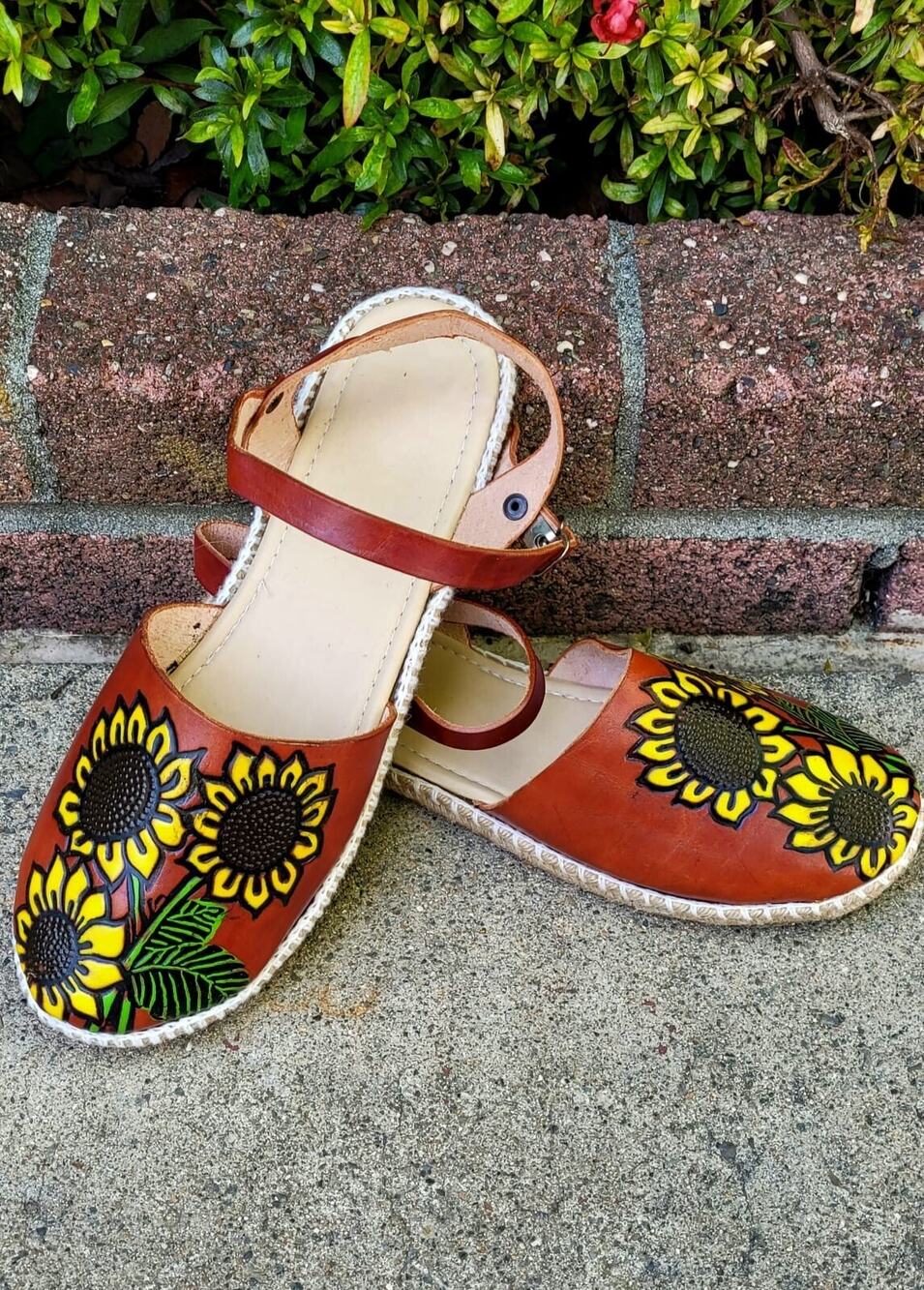 New Mexican Huarache Sandals Women Leather Sunflower Painted Floral Boho Shoes N